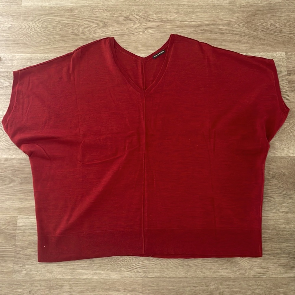 Eileen, fisher, red Italian wool, V-neck bell sleeves, pull over sweater XL